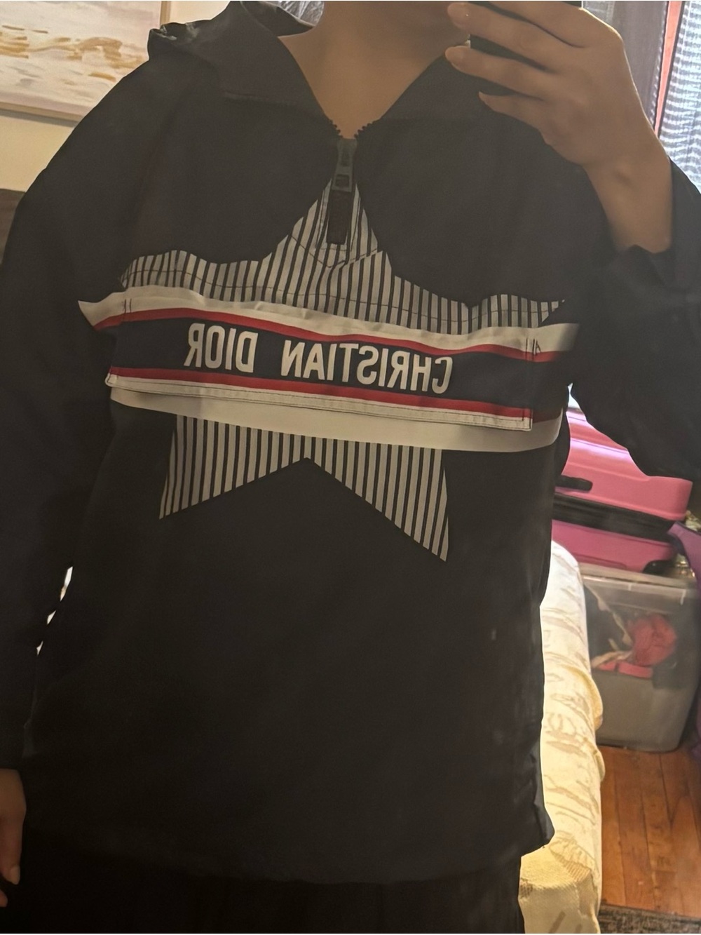 Dior Navy Blue Hooded Jacket with Red and White Logo Stripe - Picture 6 of 6